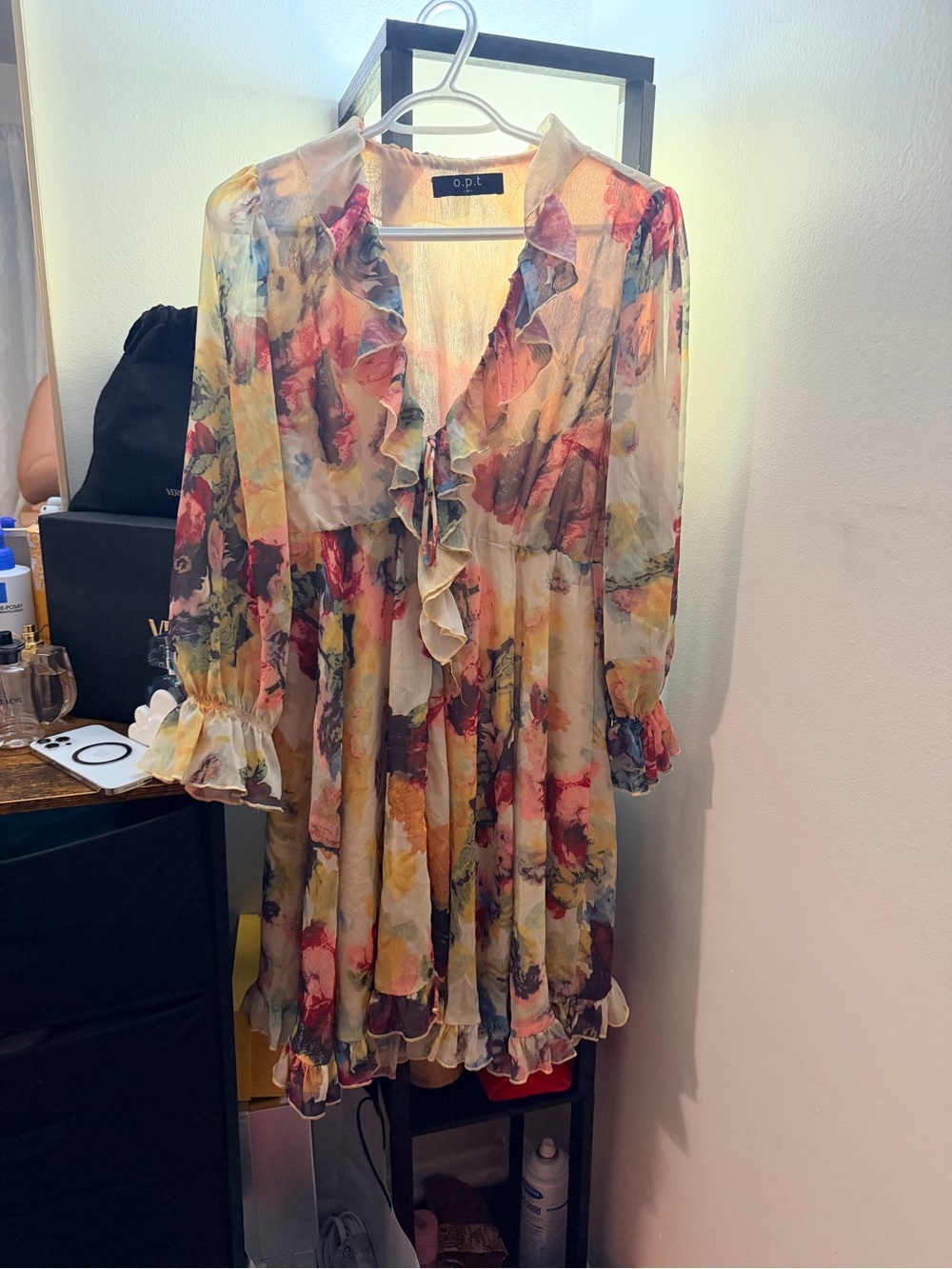 OPI Floral Ruffle Midi Dress in Cream with Pink, Yellow & Blue Accents
